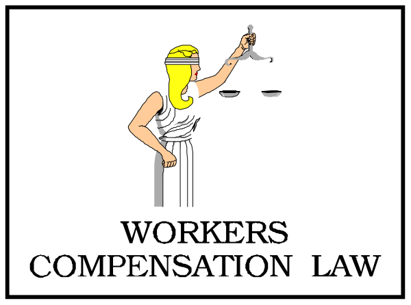 The image shows a black and white illustration of an advertisement for workers' compensation law with text that reads "workers' compensation" in bold letters at bottom right corner.