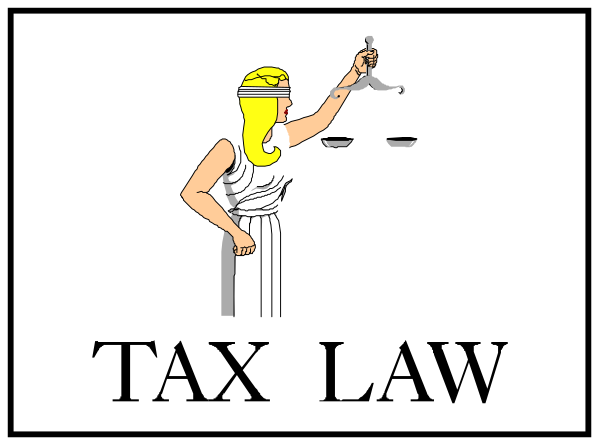 The image shows a black and white illustration of an ancient Greek woman with blonde hair holding up her finger as if to make a point while standing in front of text that reads "TAX LAW."