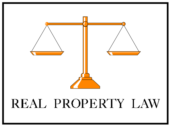 The image shows a logo with text that reads "REAL PROPERTY LAW" on either side of an illustration depicting two scales balanced by each other; one scale has weights labeled as 'Real Property Law' and is topped with a small building icon, while the opposite end features another weight marked 'Scales'.