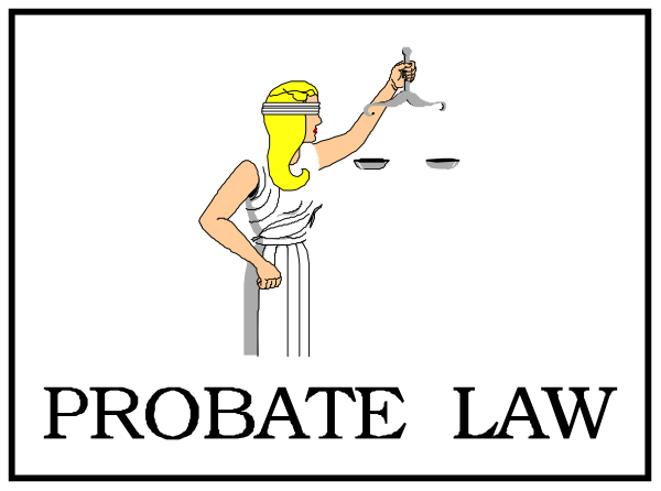 The image shows a black and white illustration of an ancient Greek statue holding scales with "Probate Law" written on them next to text that reads "PROBATE LAW."