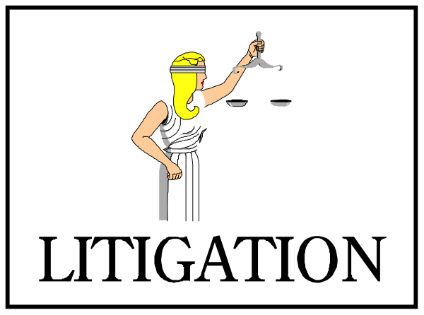 The image shows a cartoon of an animated character that resembles Wonder Woman standing next to text reading "LITIGATION."
