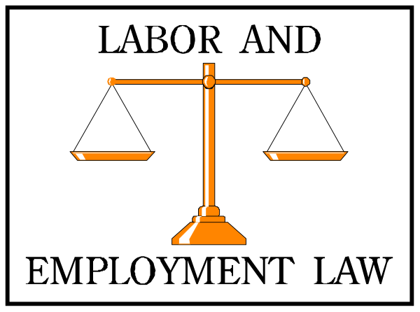 The image shows a logo with text that reads "Labor & Employment Law" on either side of an illustration depicting two scales of justice; one scale has weights labeled as 'Employer' and 'Worker', while the other is empty, suggesting balance or impartiality in labor law.