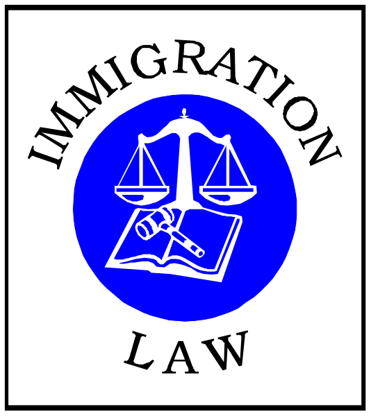 The logo features a blue shield with white text that reads "IMMIGRATION LAW" on top of it in bold letters. Inside this shield is an illustration of scales representing justice to its right, and below them there's a gavel symbolizing law enforcement or legal authority. To the left side inside the shield, you can see what appears to be a book with pages open at one end, suggesting knowledge or education related to immigration laws. The background color is white, which contrasts sharply against both blue of the logo and black text on it.