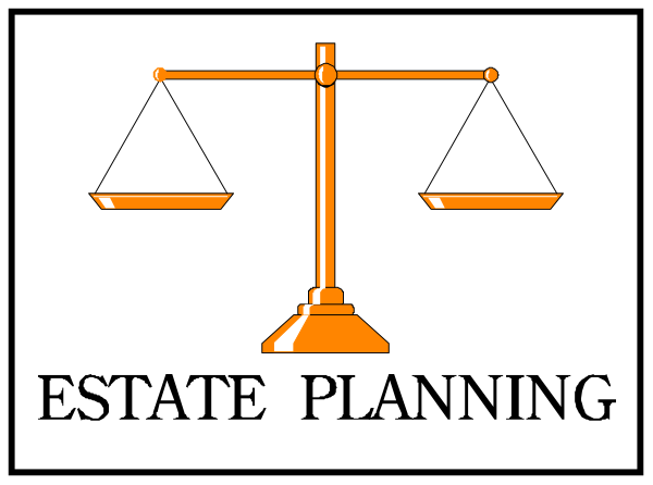 The image shows a logo with text that reads "ESTATE PLANNING" on top of an illustration depicting two scales balanced by each other under which is written "Estate Planning."