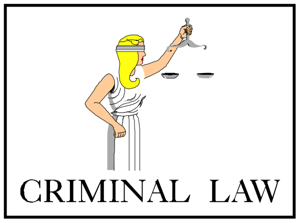 The image shows a black and white illustration of an ancient Greek woman holding scales with her right hand while pointing to text that reads "CRIMINAL LAW" on either side in capital letters.