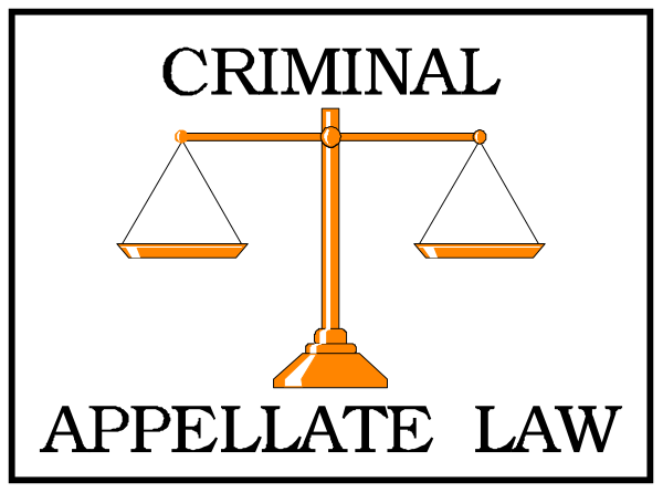 The image shows a cartoon representation of an appeals court with text that reads "CRIMINAL APPELATE LAW" on either side of it.
