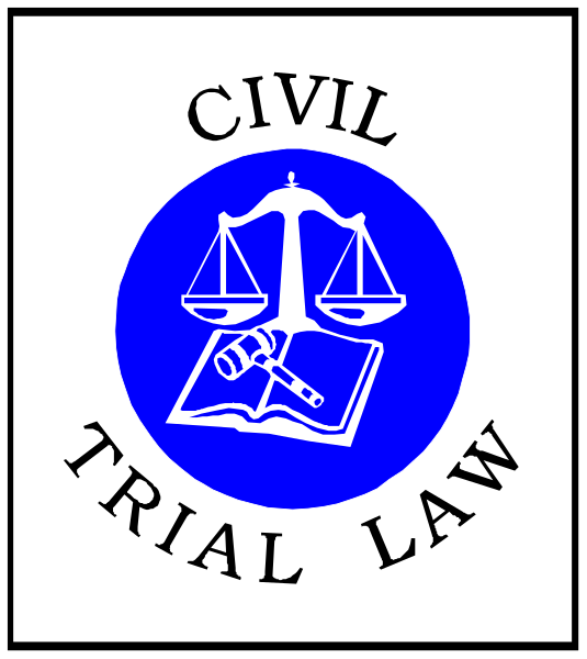 The logo features a blue circle with white text that reads "CIVIL TRIAL LAW" around an illustration of scales of justice on top right corner; below it is a gavel inside another smaller circle, and to its left there's a book symbolizing law or legal studies.
