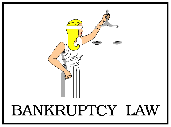 The image shows a cartoon of an ancient Greek woman with blonde hair holding scales over her head while standing next to text that reads "BANKRUPTCY LAW."