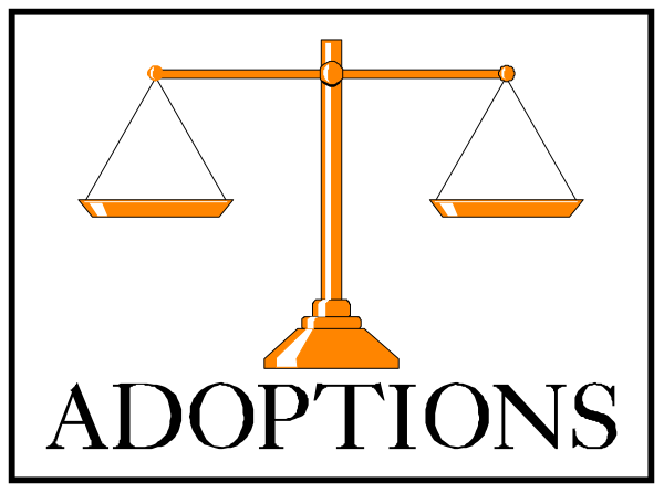 The image shows a logo with text that reads "Adoptions" below an illustration of scales on either side; to its left is a scale pan labeled 'Scales' in black font against white background, while to its right it says 'Options' and features two orange books or pamphlets.