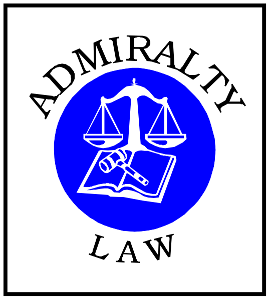 The logo features a blue circle with an illustration of scales inside it on top right corner, representing law; below that is a book symbolizing knowledge or education; in front of these symbols there's text "ADMIRALITY LAW" written above and to left of the scale design.