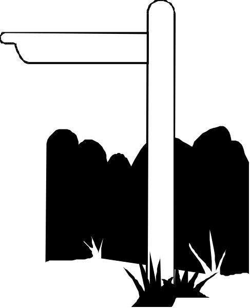 The black and white photo shows a sign with an arrow pointing to its right side on top of what appears to be a building facade in an urban environment.