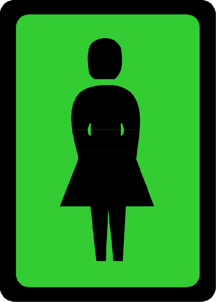 The image shows a green sign with an icon of a person standing next to it on what appears to be a bathroom door.