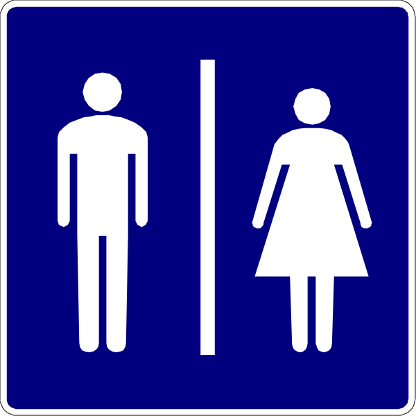 The image shows a blue sign with white symbols indicating restroom facilities for men (a male figure) and women (a female silhouette).
