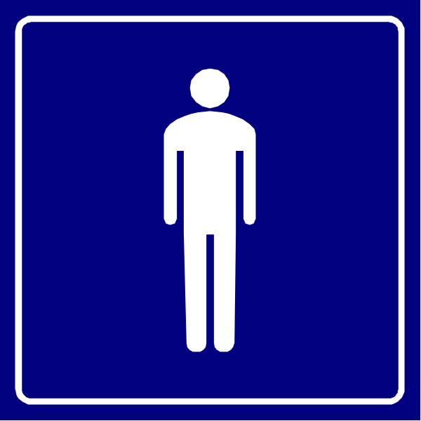 The image shows two blue signs with white symbols: on top a sign depicts an icon of a person standing next to another figure that appears to be male; below it is a symbol for men's restrooms, indicating where this particular set of icons would lead one in search of facilities within the building. There are no texts or additional details present beyond these two signs and their symbols. The style suggests an informational signage commonly found on public buildings such as malls, offices, etc., to guide visitors towards appropriate restrooms based on gender identification.