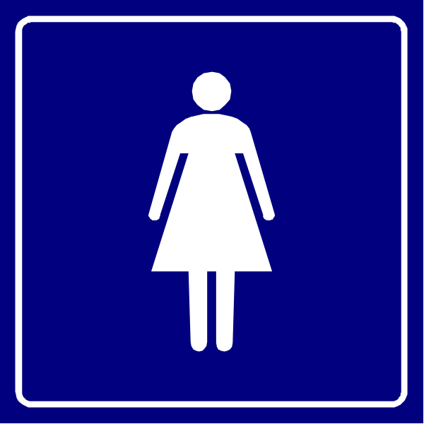 The image shows two blue signs with white symbols: on top a sign indicating men's restrooms (a male figure) to left of another sign showing women's restroom (female silhouette).