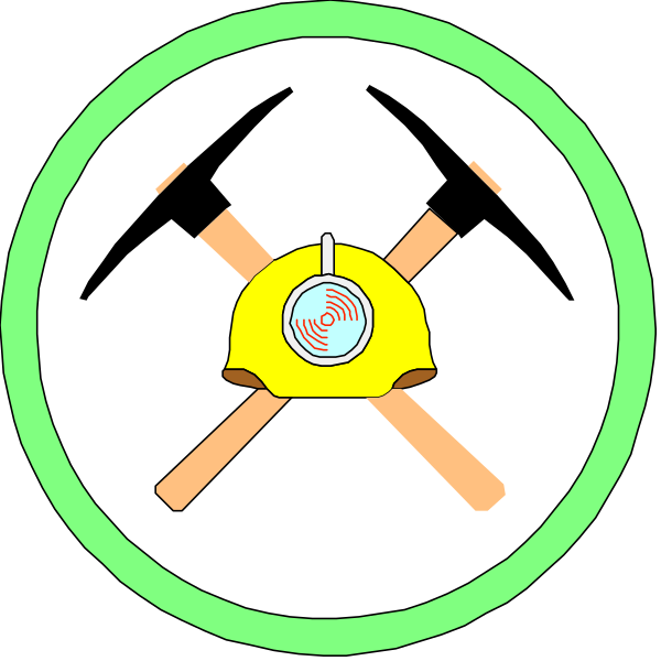 The image shows a pair of pickaxes crossed over each other with an emblem that includes two hammers on either side forming a circle around them; there is also what appears to be a yellow hard hat in between, and above it all sits a circular badge or seal indicating some form of certification.