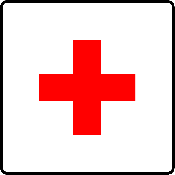 The image shows a red cross on white background with black border lines forming an X shape around it.