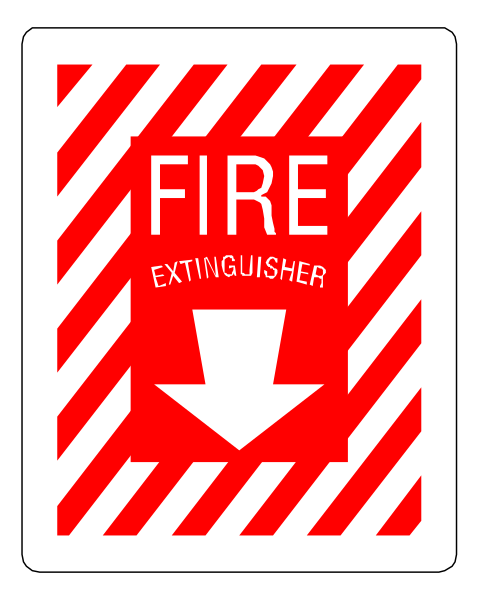 The image shows a red fire extinguisher with white stripes on it next to an arrow pointing upwards towards a small sign that reads "FIRE EXTINGUISHER" in black letters above another smaller text reading "EXTINGUISHER".