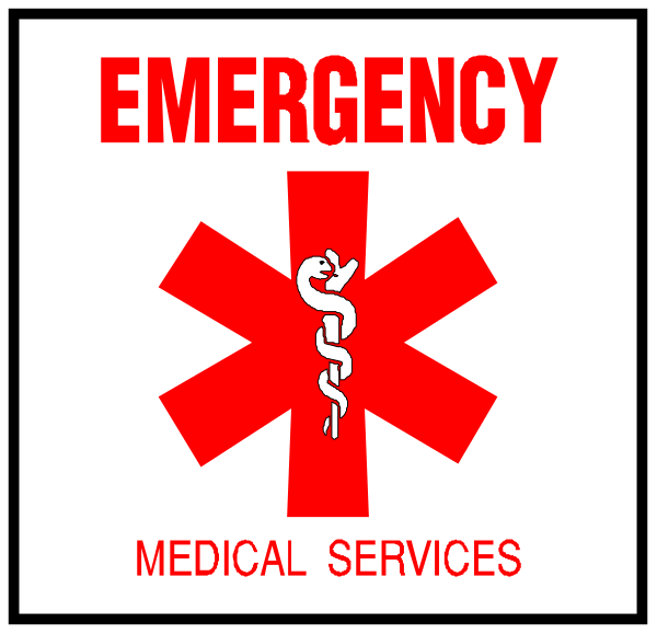 The image shows a red emergency medical services sign with white text that reads "Emergency Medical Services" on top of an ambulance symbol inside it.