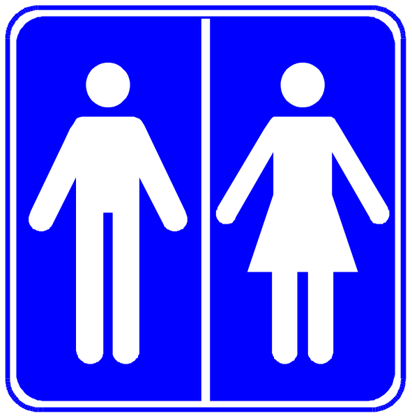 The image shows a blue sign with white symbols indicating that there's an accessible restroom for men on the left side of it and one designated as women-only to its right.