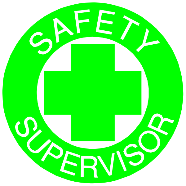 The image features two circular stickers with a green cross symbolizing first aid on them placed side by side against a black background.