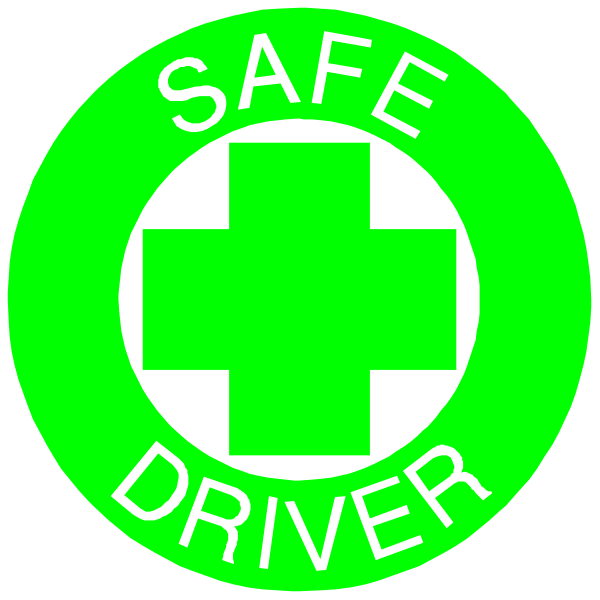 The image shows two green stickers with a white cross inside them against a black background; each has text that reads "SAFE DRIVER" in bold letters atop it.
