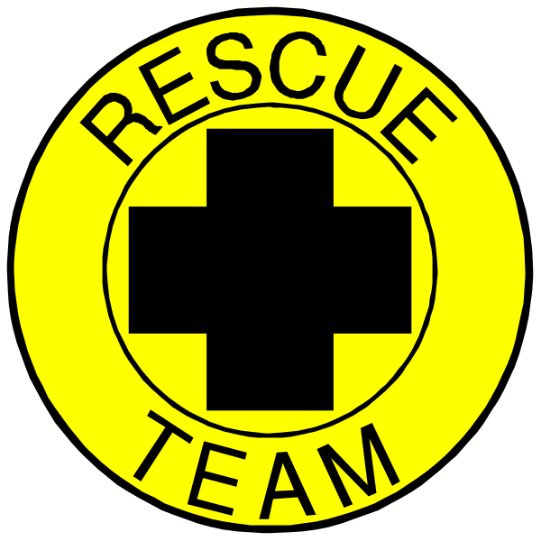 The image shows a logo with two distinct parts: on top left there's an ambulance symbol inside of which is written "RESCUE TEAM" in black letters; below it to its right, within another circle that has a yellow border and contains a white cross at the center, are three words "FIRST AID KIT".