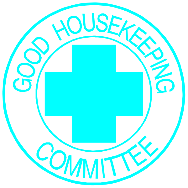 The image shows a logo with two circular designs featuring text related to "Good Housekeeping Committee" on either side of an emblem that includes crossed red crosses within blue circles against white backgrounds.