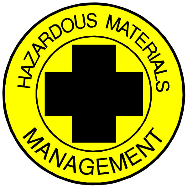 The image shows a yellow hazardous materials sign with an exclamation mark inside it next to two circular signs that say "HAZARDOUS MATERIALS" in black text on white backgrounds, and below them is another circle containing the words "Hazard Management."