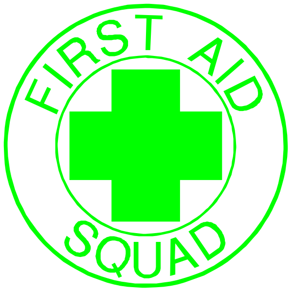 The image shows two circular badges with a green cross symbolizing first aid on them against a black background; each has white text that reads "FIRST AID SQUAD" atop one another in different fonts and sizes, indicating an emblem of emergency medical services or rescue squad.