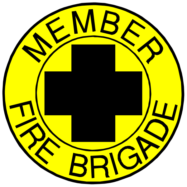 The image features a yellow cross with black text inside it that reads "MEMBER FIRE BRIGADE" on top of two crossed out circles in red and blue backgrounds respectively.