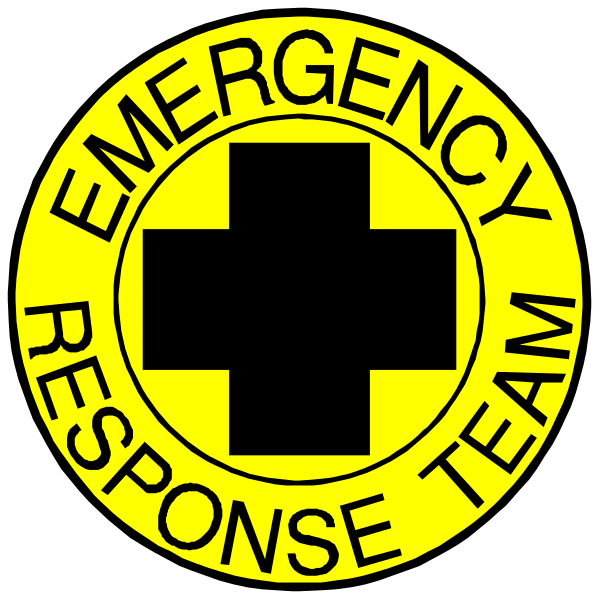 The image features a black background with two distinct logos on it: an emergency response team logo at top left corner which is yellow in color; below that there's another emblem of rescue service personnel wearing white helmets and carrying red crosses, also known as first aid responders or paramedics.