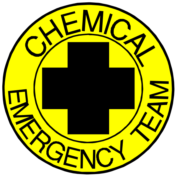The image features a black background with two circular logos on it: at top left is an emergency services logo that reads "Chemical Emergency Team" in white text within a yellow border; below this, to right of center and slightly overlapping its upper edge, there's another circle containing the same words but without any additional imagery.