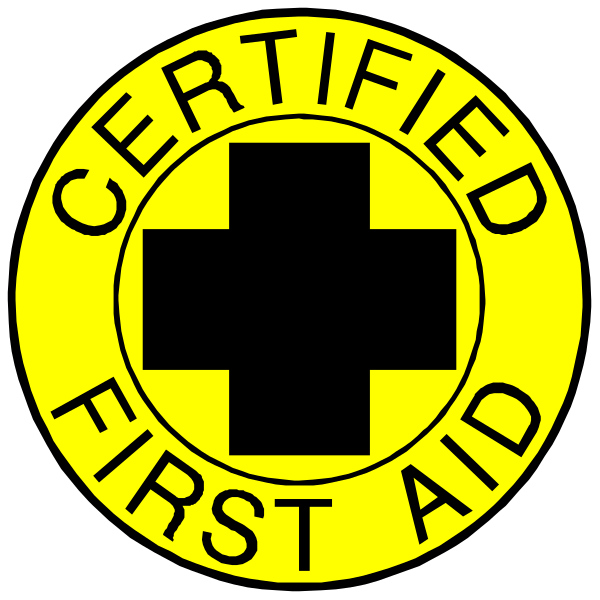 The image shows a yellow first aid kit with an emblem of two crossed red crosses on it next to text that reads "Certified First Aid."