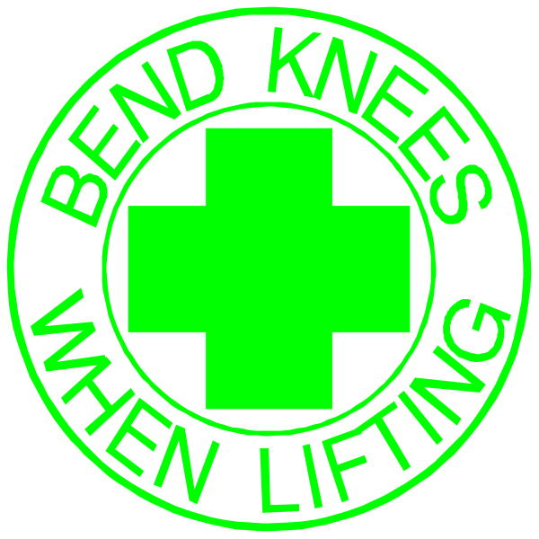 The image shows two circular stickers with a white background featuring green text on them that reads "BEND KNEES WHEN LIFTING" in capital letters around an illustration of crossed bones symbolizing first aid, and below it is another phrase reading "WHEN WEIGHTS."