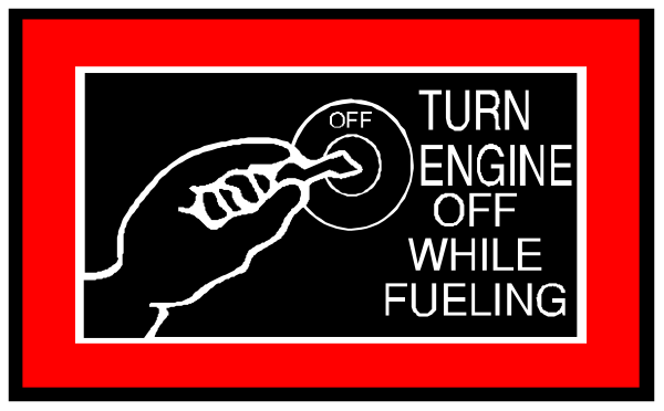 The image shows a red sign with white text that reads "TURN OFF ENGINE WHILE FUELING" in capital letters on top of another smaller black rectangle containing an illustration of someone's hand turning off something, and below it is additional instructional text reading "STOP THE PRESSURE GAUGE." The background appears to be a plain gray surface.