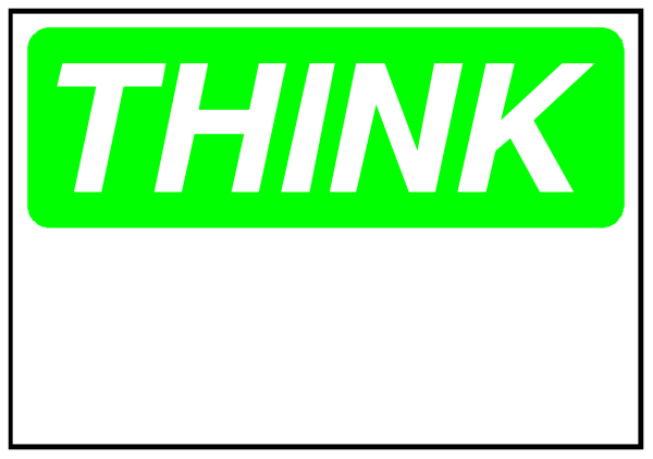 The image shows a simple graphic with text that reads "THINK" on top of what appears to be an envelope icon in green coloring against a white background.