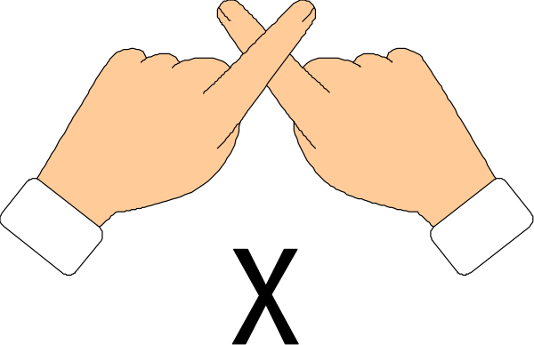 The image shows a pair of hands making an "X" gesture with fingers crossed over each other against a black background.