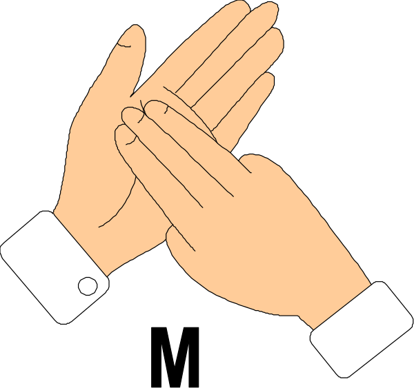 The image shows a simple black and white illustration of two hands clapping together with fingers extended upwards to represent applause.