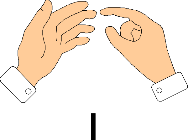 The black and white illustration shows two hands clapping together with a finger pointing upwards between them against a dark background.