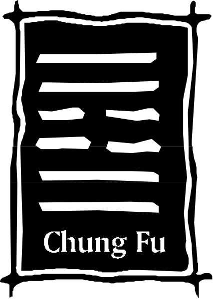 The black and white photo shows a logo with Chinese characters that read "Chung Fu," which translates to 'Panda King,' along with an image of pandas in bamboo trees on either side.