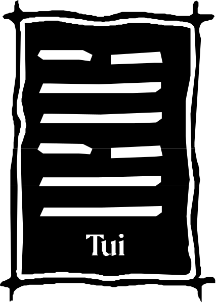 The black and white photo shows a book with its pages open to reveal text that reads "tui."