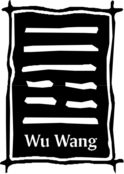 The image shows a black and white graphic with Chinese characters that read "WU WANG" at the bottom right corner of an abstract design resembling stylized waves or lines on a dark background.