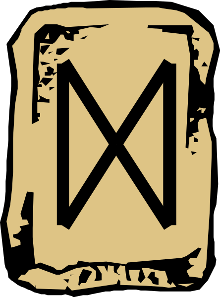 The image shows a stylized depiction of an ancient tablet with runes on it against a dark background.