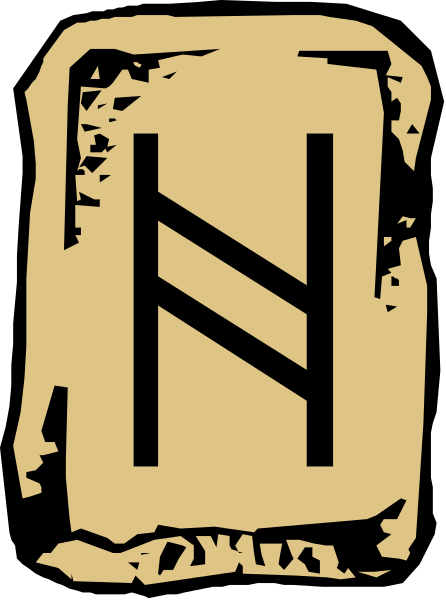 The image shows a logo with an ancient rune symbol inside it on what appears to be stone material within a square frame.