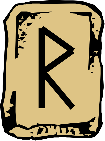 The image shows a stylized rune with an aged appearance on what looks like stone, resembling ancient signage.