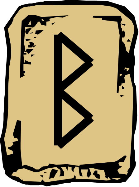 The image shows a stylized depiction of an ancient rune stone with markings on it against a dark background.