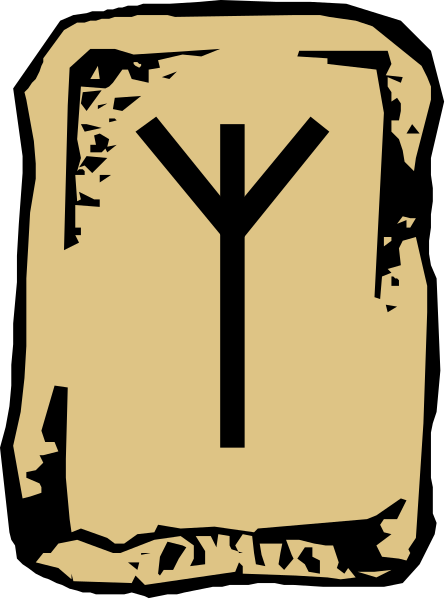 The image shows a stylized depiction of an ancient stone tablet with runes on it inside what appears to be a square frame resembling a window pane border.