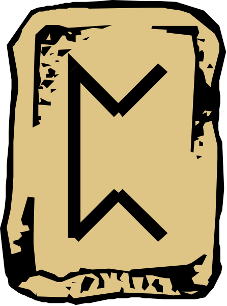 The image shows a stylized depiction of an ancient rune stone with symbols on it against a dark background.