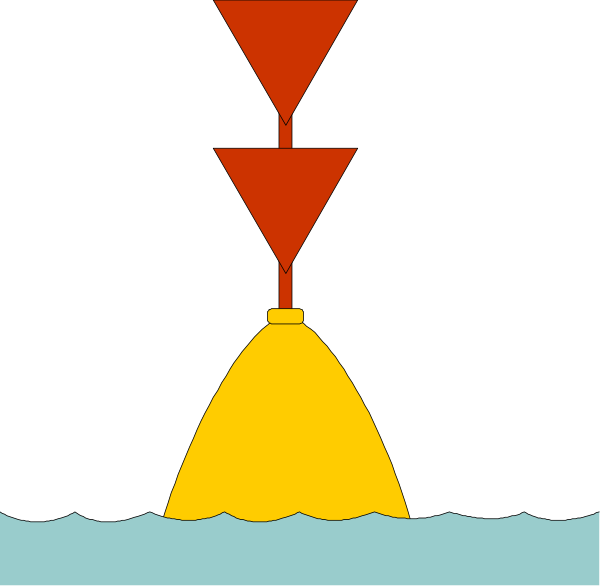 The image shows a cartoon depiction of an underwater scene with two yellow buoys floating on water's surface above which there is a red fish swimming upwards towards what appears to be a light source, possibly indicating depth perception in marine life; below this visual cue are three black and white striped poles that resemble the structure of stalactites or columns.